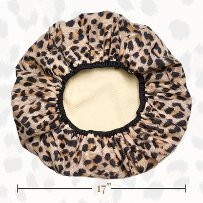 Betty Dain Reversible Oversized Waterproof Shower Cap – Large Nylon Shower Cap with Terry Lining for Long Hair, Socialite Safari Spots