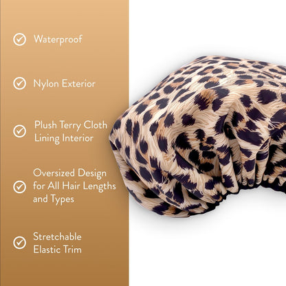 Betty Dain Reversible Oversized Waterproof Shower Cap – Large Nylon Shower Cap with Terry Lining for Long Hair, Socialite Safari Spots