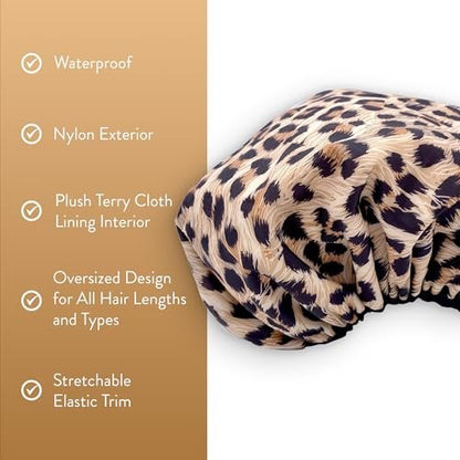 Betty Dain Reversible Oversized Waterproof Shower Cap – Large Nylon Shower Cap with Terry Lining for Long Hair, Socialite Safari Spots