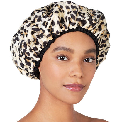 Betty Dain Reversible Oversized Waterproof Shower Cap – Large Nylon Shower Cap with Terry Lining for Long Hair, Socialite Safari Spots