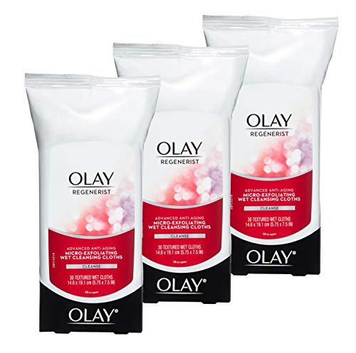 Olay Regenerist Micro-Exfoliating Wet Cleansing Cloths – Exfoliating Makeup Remover Wipes, 30 Count (Pack of 3), Travel-Friendly Facial Cleanser for Women Avelisse
