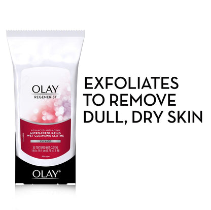Olay Regenerist Micro-Exfoliating Wet Cleansing Cloths – Exfoliating Makeup Remover Wipes, 30 Count (Pack of 3), Travel-Friendly Facial Cleanser for Women Avelisse