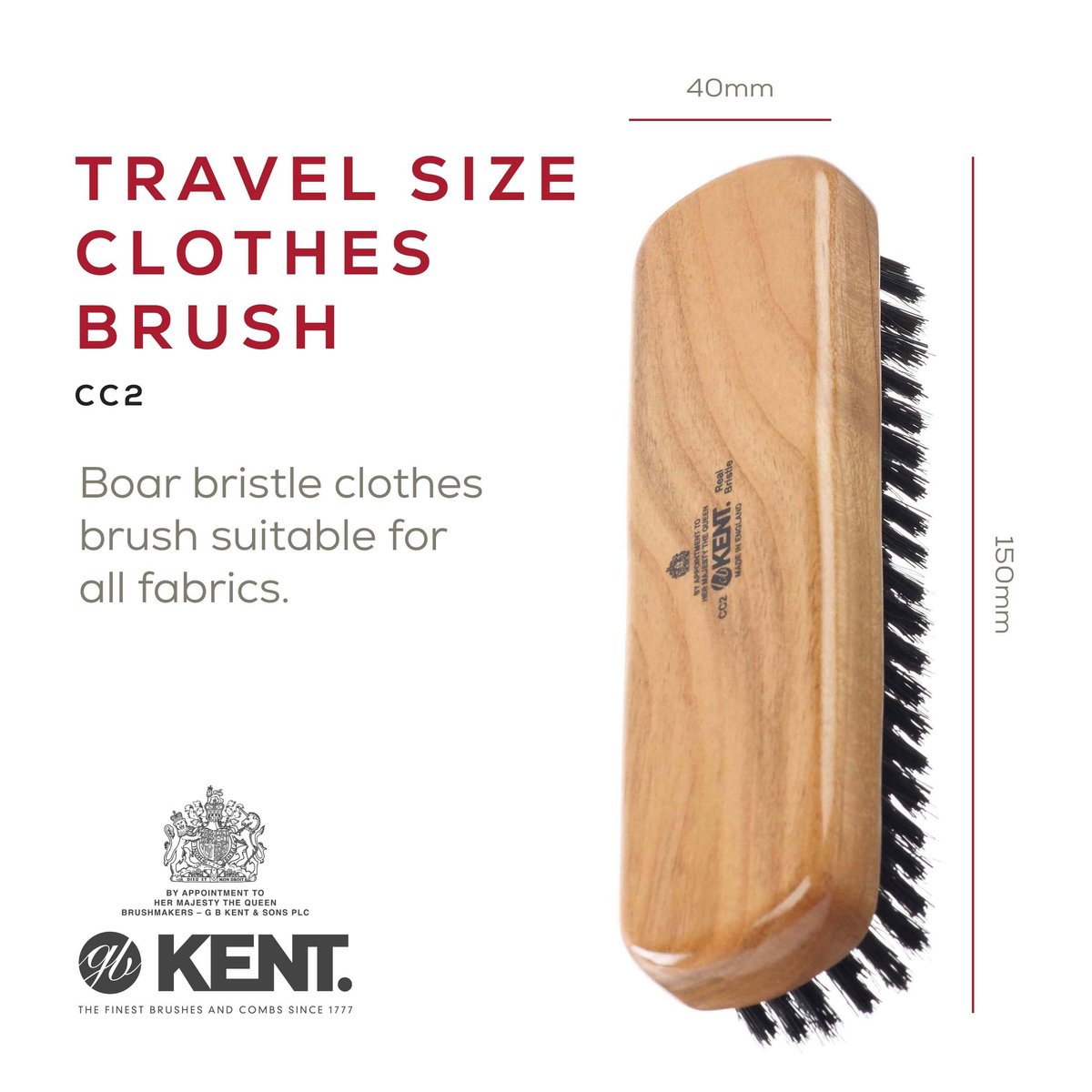 Kent CC2 Finest 100% Handcrafted Clothes Brush - Black Boar Bristle & Nylon Mix with Cherrywood Handle, Travel-Size Lint Remover - görsel 5