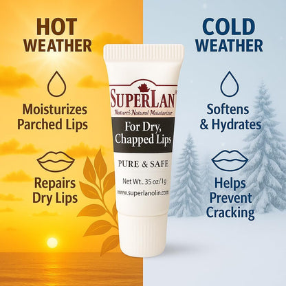 Superlan Organic Lanolin Lip Balm – Natural Lip Repair for Dry & Hot Weather, Moisturizing Chapstick with Jojoba Oil, 0.35 oz