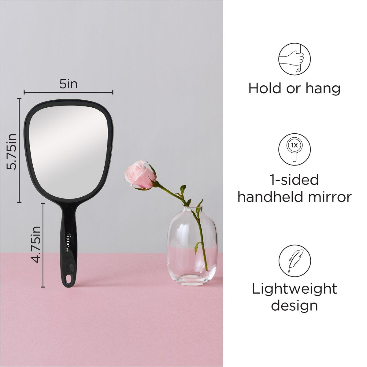 Diane Hand Mirror – Standard 1X Magnification Hand Held Mirror, Single Sided Vanity Makeup Mirror for Women, Men, Salon, Barber, Shaving, and Travel, Medium 5" x 11" In Black - görsel 3