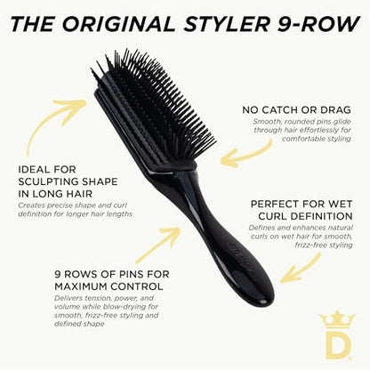 Denman D4 Curly Hair Brush - 9 Row Styling Brush for Smoothing, Defining Curls & Detangling - All Black Avelisse