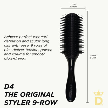 Denman D4 Curly Hair Brush - 9 Row Styling Brush for Smoothing, Defining Curls & Detangling - All Black Avelisse