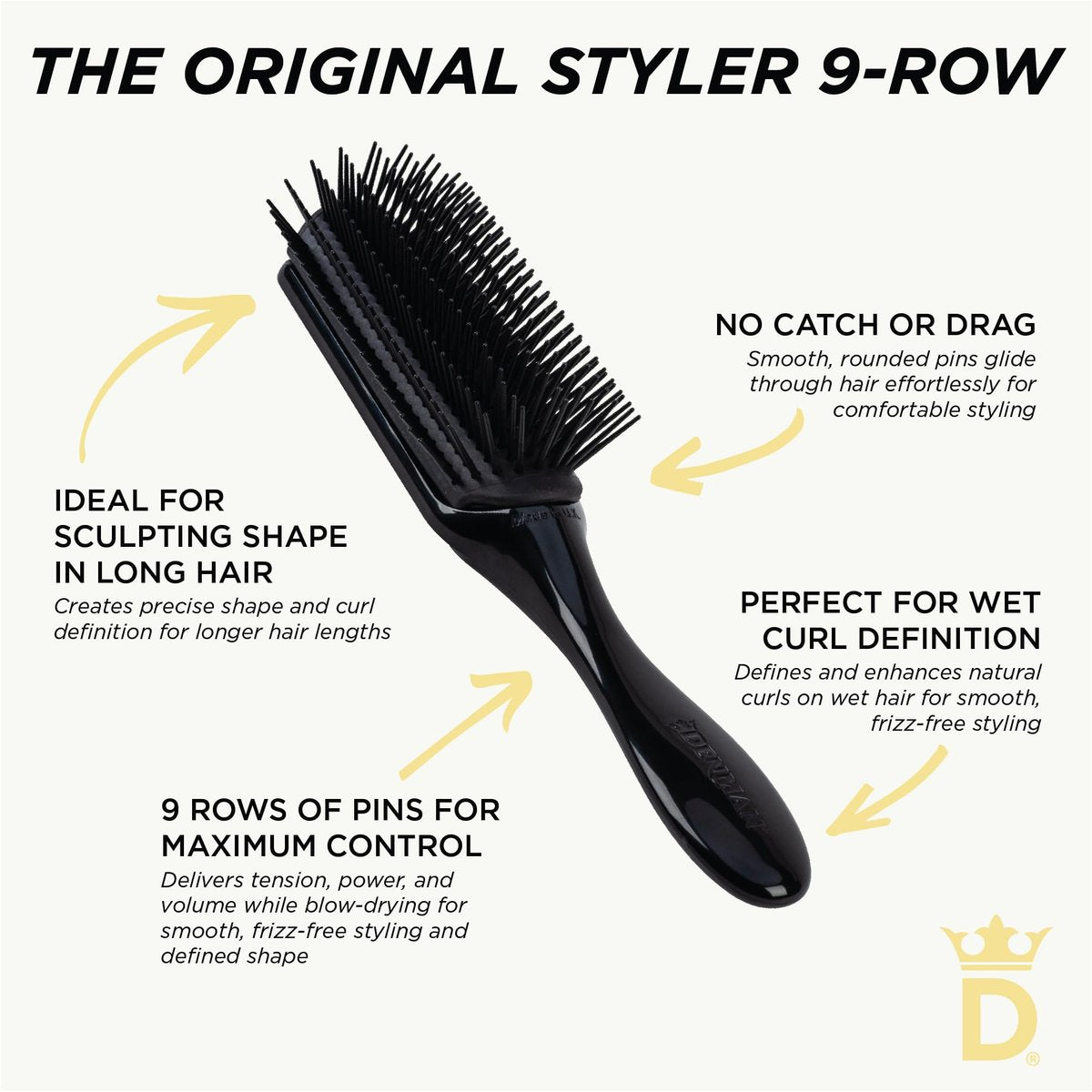 Denman D4 Curly Hair Brush - 9 Row Styling Brush for Smoothing, Defining Curls & Detangling - All Black Avelisse