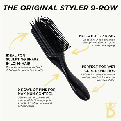 Denman D4 Curly Hair Brush - 9 Row Styling Brush for Smoothing, Defining Curls & Detangling - All Black Avelisse