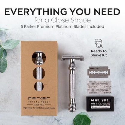 Parker 99R Chrome Long Handle Heavyweight Butterfly Open Double Edge Safety Razor with 5 Premium Platinum Blades Avelisse