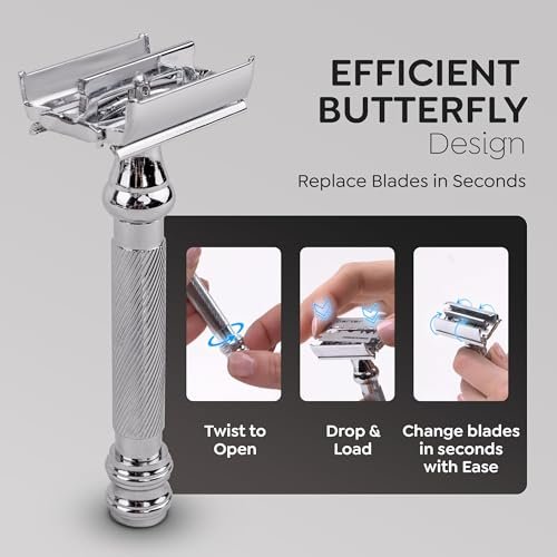 Parker 99R Chrome Long Handle Heavyweight Butterfly Open Double Edge Safety Razor with 5 Premium Platinum Blades Avelisse