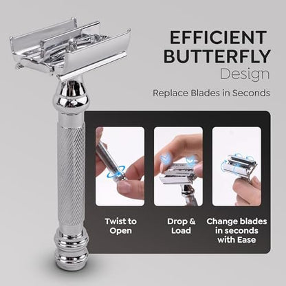 Parker 99R Chrome Long Handle Heavyweight Butterfly Open Double Edge Safety Razor with 5 Premium Platinum Blades Avelisse