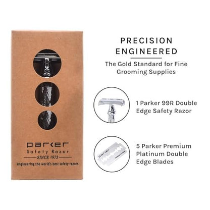 Parker 99R Chrome Long Handle Heavyweight Butterfly Open Double Edge Safety Razor with 5 Premium Platinum Blades Avelisse