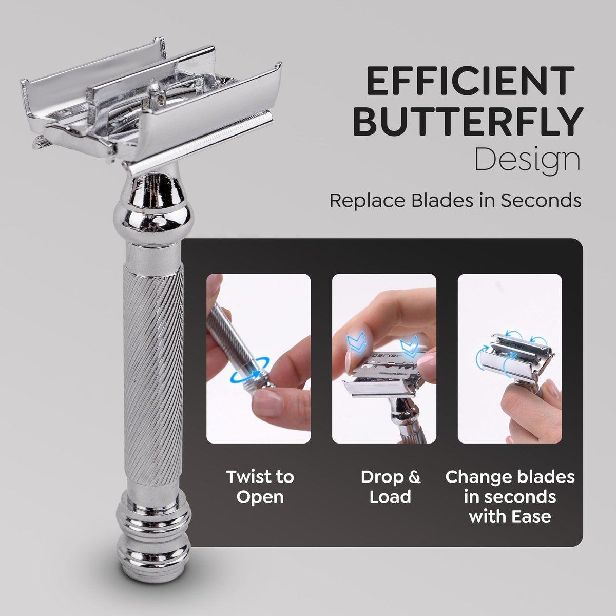 Parker 99R Chrome Long Handle Heavyweight Butterfly Open Double Edge Safety Razor with 5 Premium Platinum Blades Avelisse