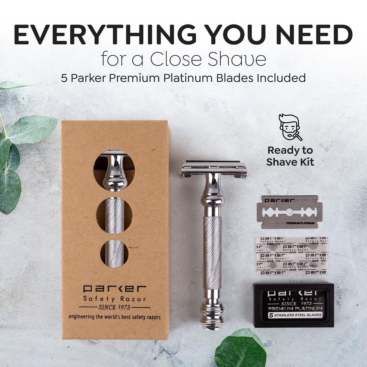 Parker 99R Chrome Long Handle Heavyweight Butterfly Open Double Edge Safety Razor with 5 Premium Platinum Blades Avelisse