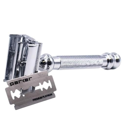 Parker 99R Chrome Long Handle Heavyweight Butterfly Open Double Edge Safety Razor with 5 Premium Platinum Blades Avelisse
