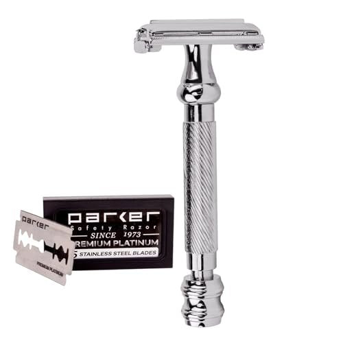 Parker 99R Chrome Long Handle Heavyweight Butterfly Open Double Edge Safety Razor with 5 Premium Platinum Blades Avelisse