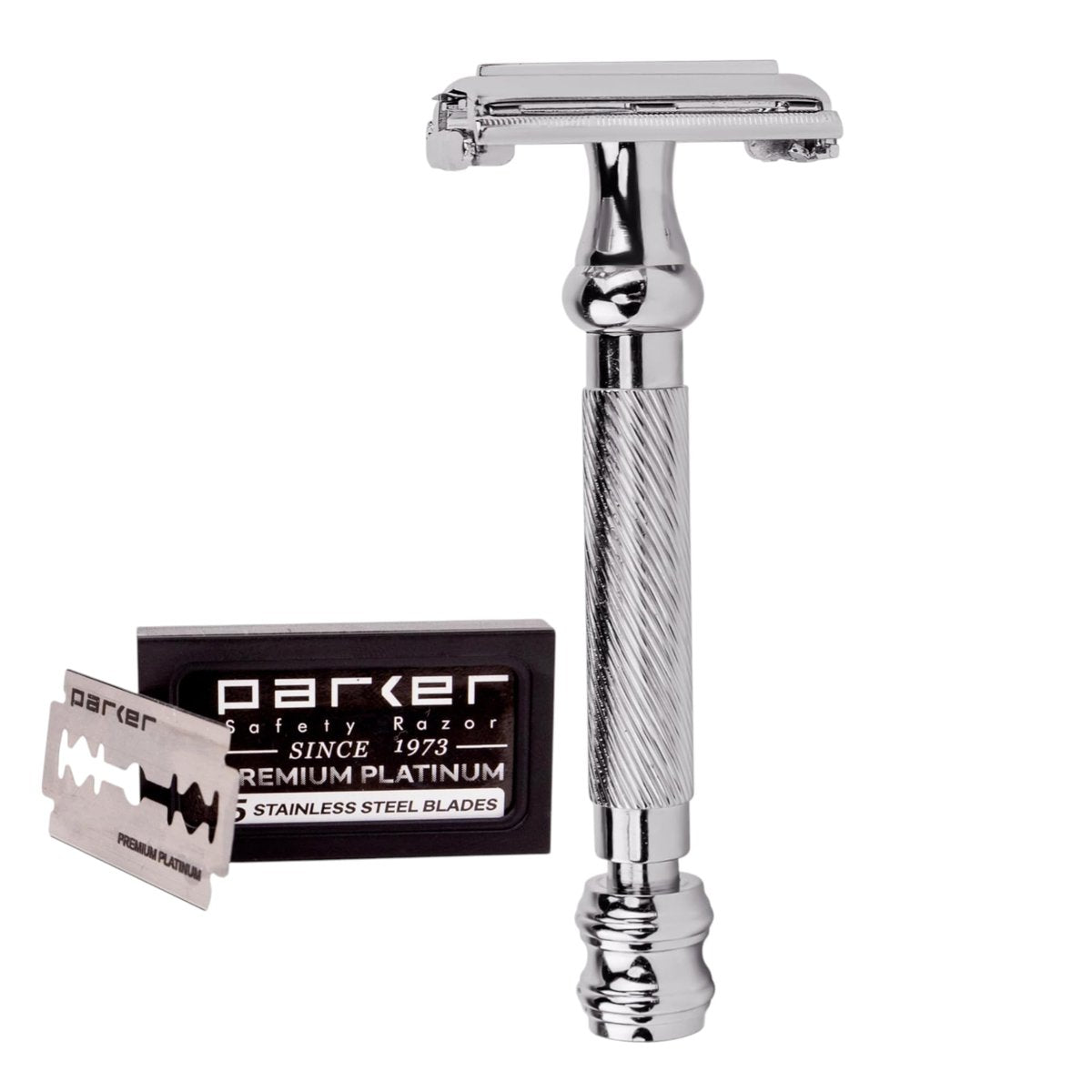 Parker 99R Chrome Long Handle Heavyweight Butterfly Open Double Edge Safety Razor with 5 Premium Platinum Blades Avelisse