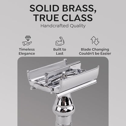 Parker 99R Chrome Long Handle Heavyweight Butterfly Open Double Edge Safety Razor with 5 Premium Platinum Blades Avelisse