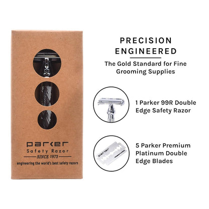 Parker 99R Chrome Long Handle Heavyweight Butterfly Open Double Edge Safety Razor with 5 Premium Platinum Blades Avelisse