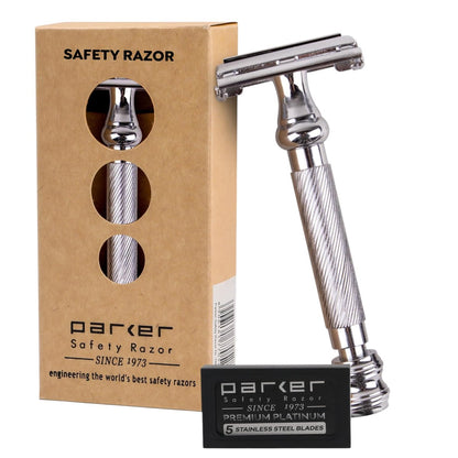 Parker 99R Chrome Long Handle Heavyweight Butterfly Open Double Edge Safety Razor with 5 Premium Platinum Blades Avelisse