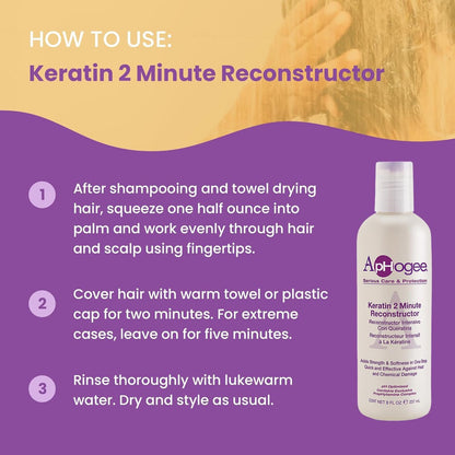 Aphogee Keratin 2 Minute Reconstructor, 8 fl oz – Deep Conditioner for Color-Treated & Heat-Styled Hair, Smooths & Adds Shine