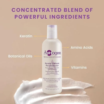 Aphogee Keratin 2 Minute Reconstructor, 8 fl oz – Deep Conditioner for Color-Treated & Heat-Styled Hair, Smooths & Adds Shine