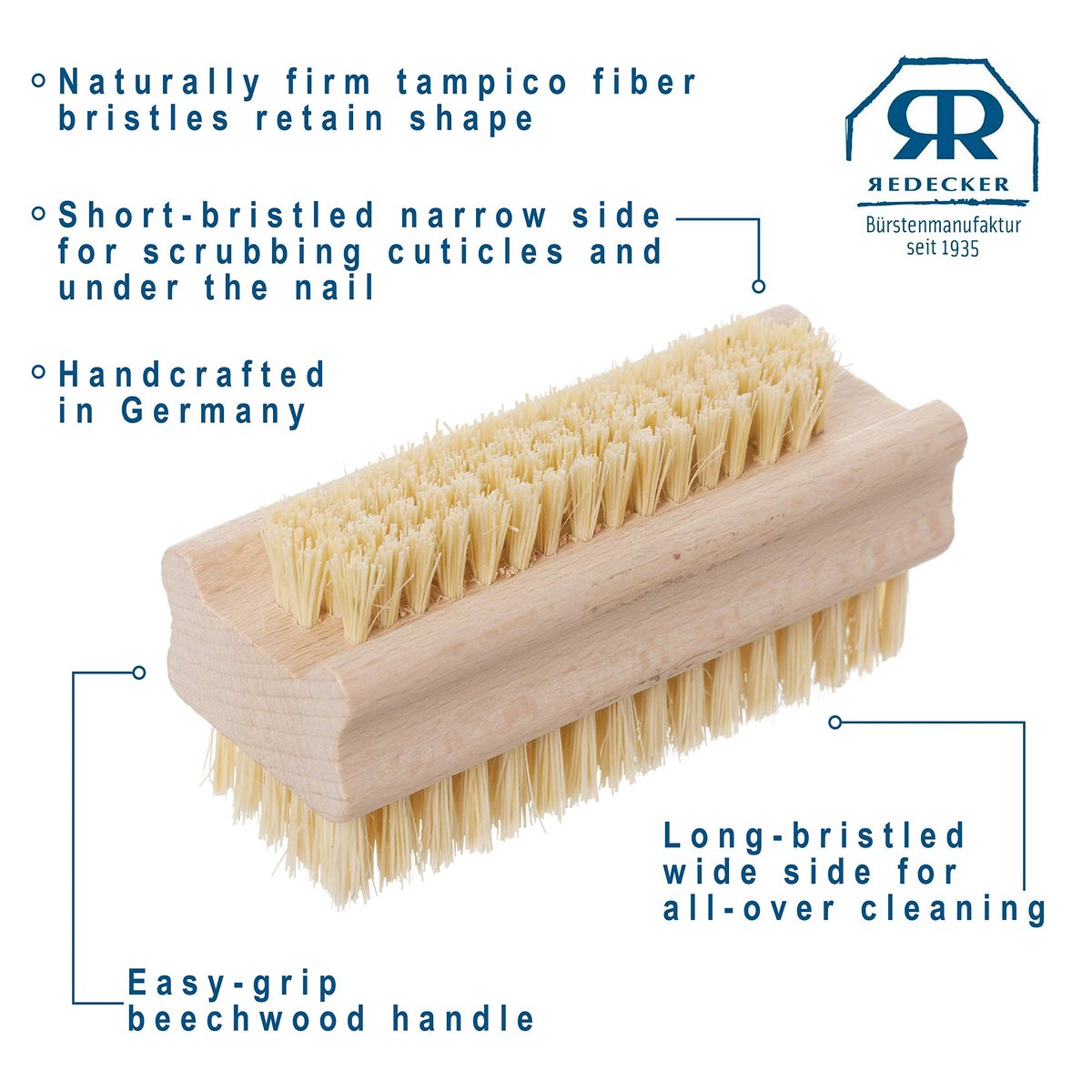 Redecker Tampico Fiber and Beechwood Nailbrush – 3-5/8 Inches, Natural Wood Nail Cleaning Brush - görsel 9