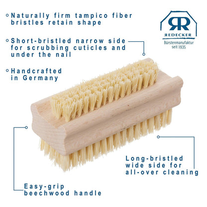 Redecker Tampico Fiber and Beechwood Nailbrush – 3-5/8 Inches, Natural Wood Nail Cleaning Brush