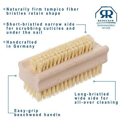 Redecker Tampico Fiber and Beechwood Nailbrush – 3-5/8 Inches, Natural Wood Nail Cleaning Brush