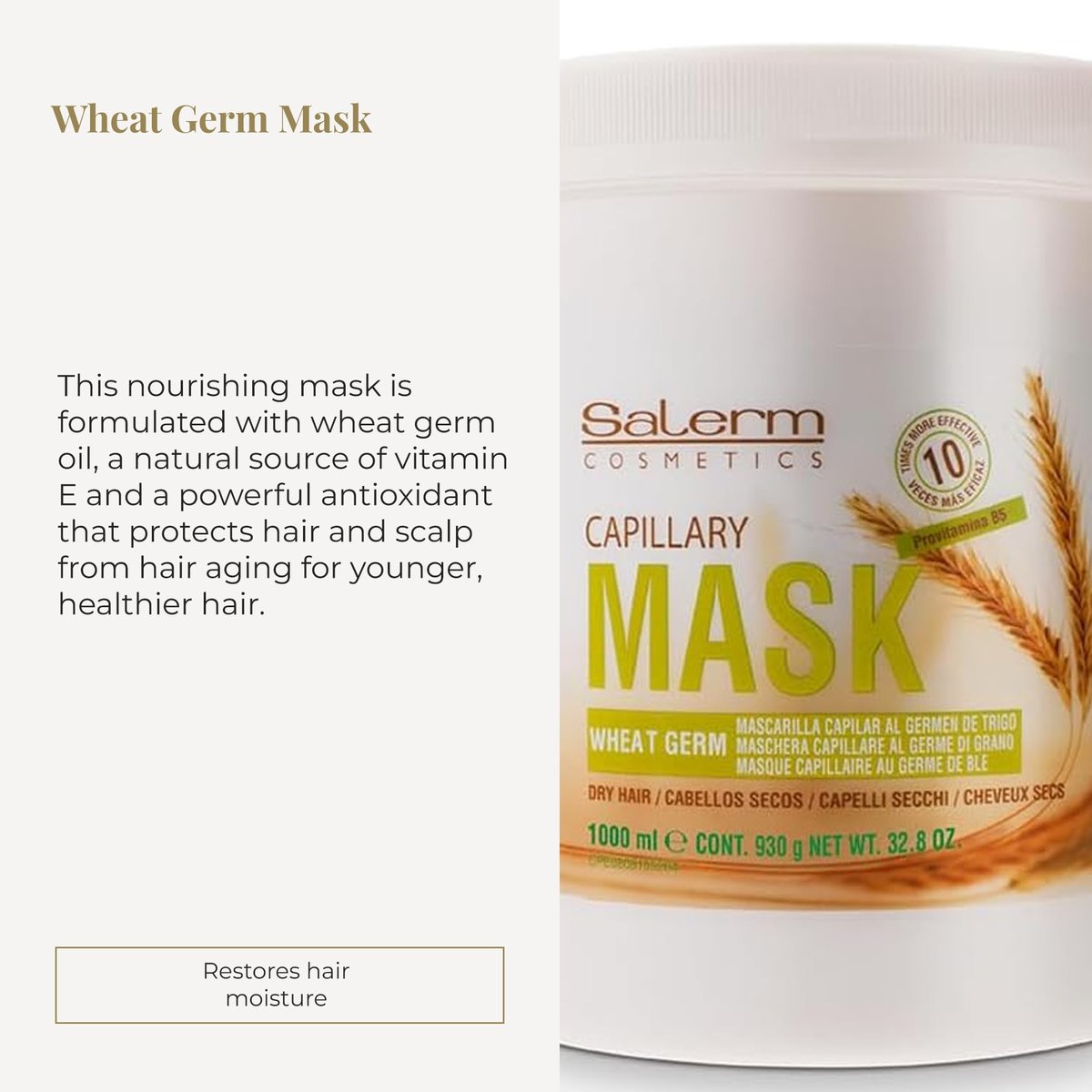 SALERM Nourishing Hair Mask 1000 ml – Deep Hydration for Dry & Damaged Hair with Wheat Germ Avelisse