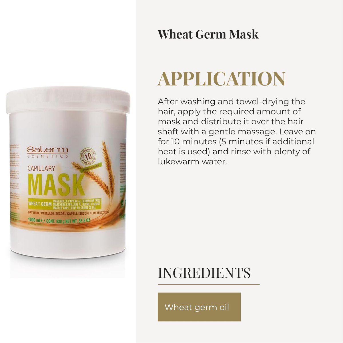 SALERM Nourishing Hair Mask 1000 ml – Deep Hydration for Dry & Damaged Hair with Wheat Germ Avelisse