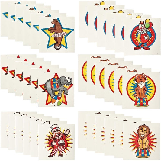 Fun Express Carnival Big Top Circus Temporary Tattoos - 72-Pack, 2 Inch Multicolored Tattoos for VBS, Party Favors, and Craft Projects