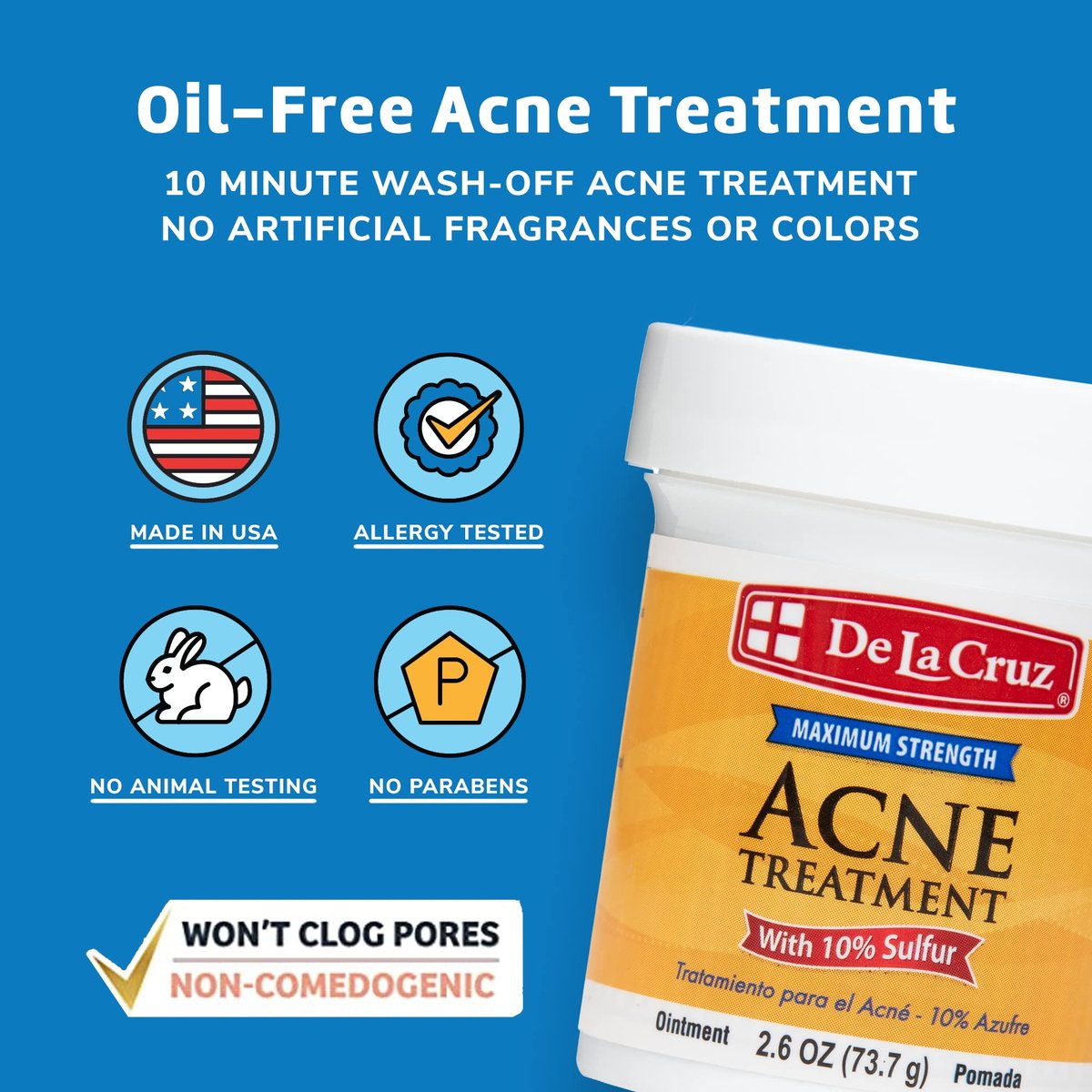De La Cruz 10% Sulfur Ointment – Cystic Acne Treatment for Face and Body, Daily 10 Min Spot Treatment Mask, Hormonal Acne Relief, 2.6 oz - görsel 4