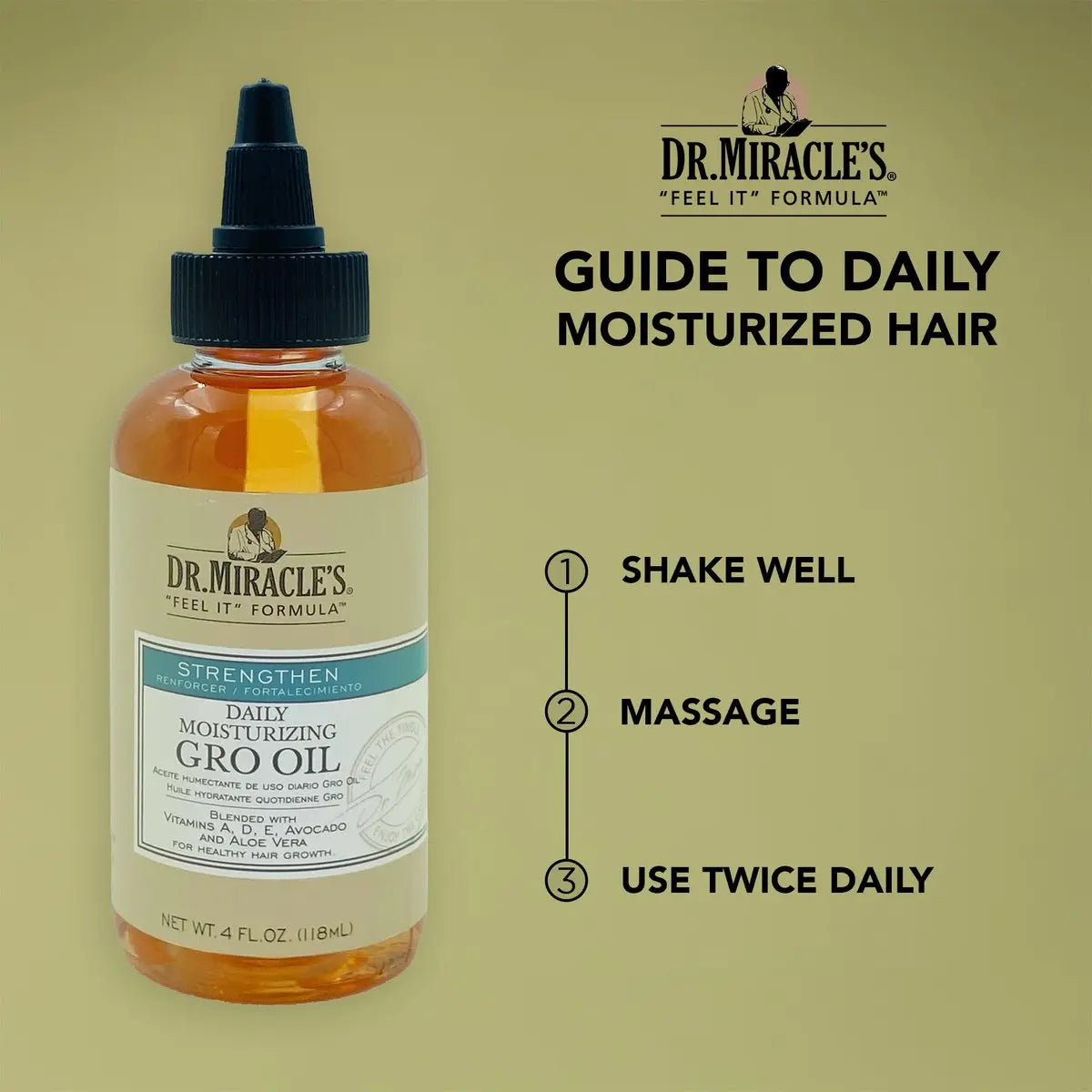 Dr. Miracle's Daily Moisturizing Gro Oil with Vitamins A, D, E, Avocado & Aloe Vera – Hair Growth & Scalp Treatment, 4 oz Avelisse