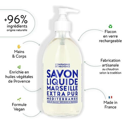 La Compagnie de Provence Savon de Marseille Extra Pure Liquid Soap - Mediterranean Sea - 16.7 fl oz Glass Pump Bottle Avelisse