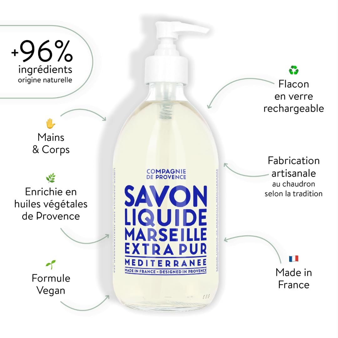 La Compagnie de Provence Savon de Marseille Extra Pure Liquid Soap - Mediterranean Sea - 16.7 fl oz Glass Pump Bottle Avelisse