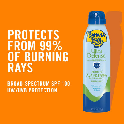 Banana Boat Ultra Defense Clear Sunscreen Spray SPF 100, 6oz - Lightweight, Water Resistant Sunscreen Avelisse