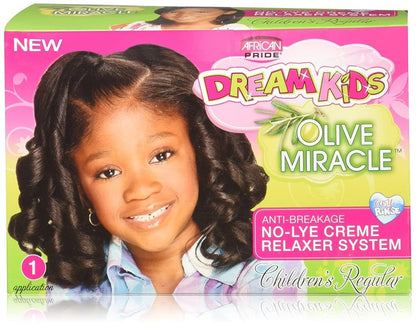 African Pride Dream Kids Olive Miracle Relaxer Regular – Olive Oil Infused Hair Relaxer for Kids, Strengthens & Protects, 1 Kit