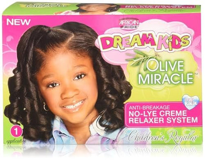 African Pride Dream Kids Olive Miracle Relaxer Regular – Olive Oil Infused Hair Relaxer for Kids, Strengthens & Protects, 1 Kit