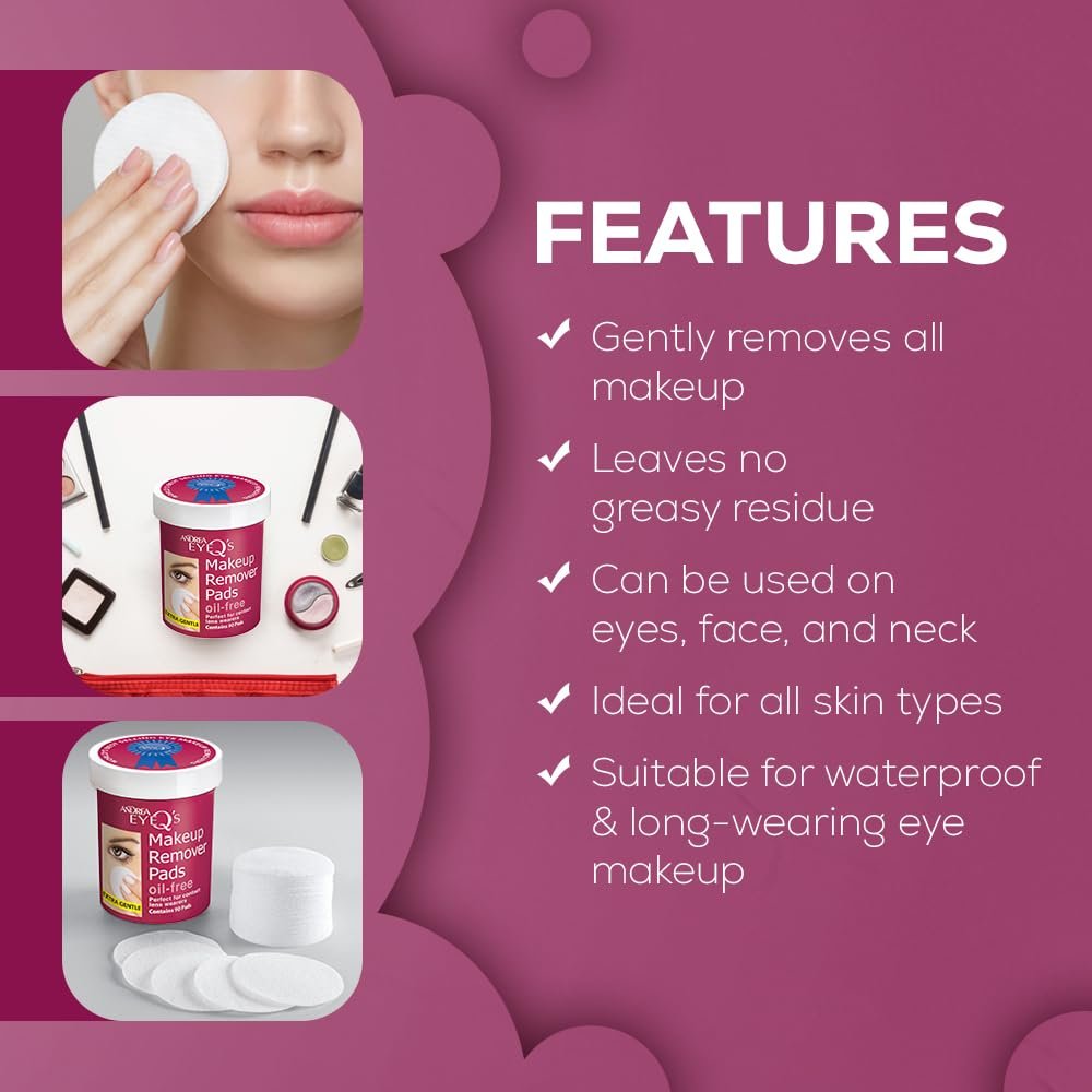 Andrea Eye Q's Oil-Free Eye Makeup Remover Pads, 65 Count (Pack of 3) - Gentle & Effective Avelisse
