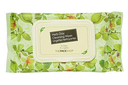 The Face Shop Herb Day 365 Cleansing Wipes with Rosemary Extract - 70 Count - Non-Irritating Makeup Remover Wipes for Refreshing, Brightening, Moisturizing Skin - Korean Skincare