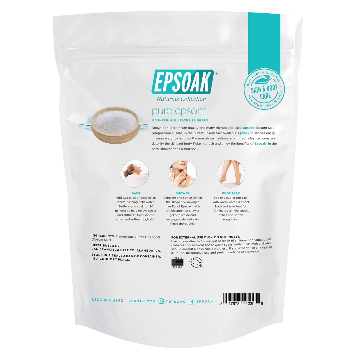 Epsoak Epsom Salt 5 lb. Magnesium Sulfate USP – Unscented, Resealable Bag, Made in USA, Cruelty-Free - görsel 3
