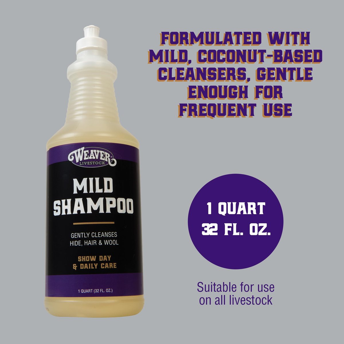 Weaver Livestock Mild Shampoo – Gentle Coconut-Based Formula for Cattle Hide, Hair & Wool – Daily Use Show Supplies (Quart) Avelisse