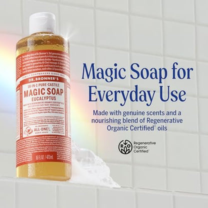 Dr. Bronner's Pure-Castile Magic Soap Liquid - Eucalyptus, 32 oz - 18-in-1 Uses, Regenerative Organic Certified, Vegan & Concentrated