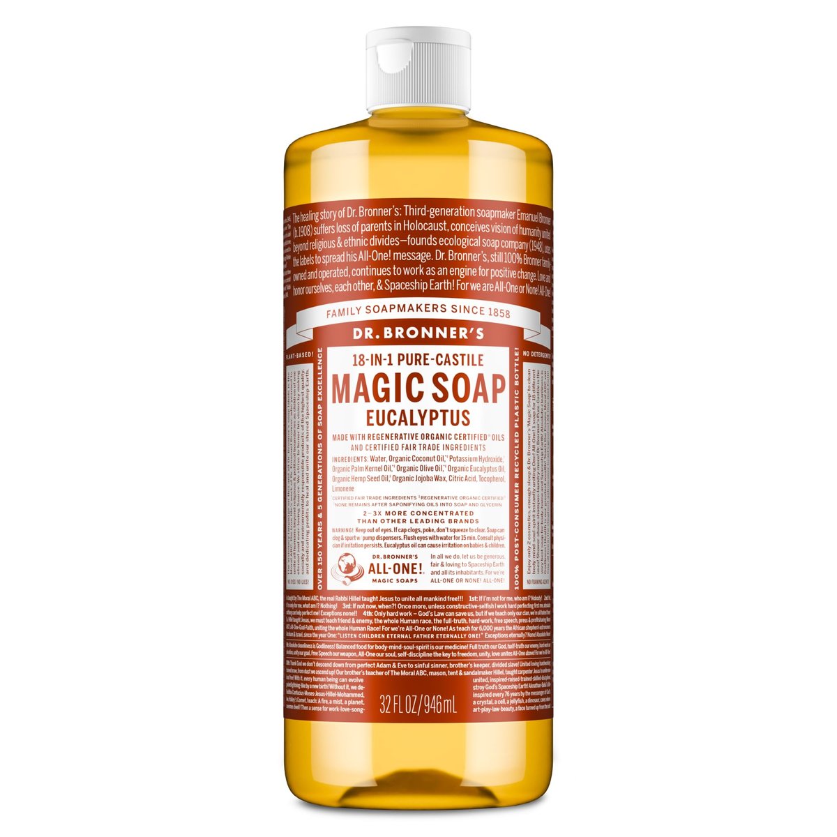 Dr. Bronner's Pure-Castile Magic Soap Liquid - Eucalyptus, 32 oz - 18-in-1 Uses, Regenerative Organic Certified, Vegan & Concentrated - görsel 1