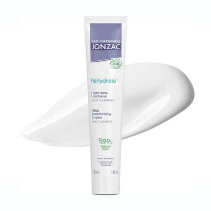JONZAC Eau Thermale Rehydrate Organic Rich Sensitive Moisturizing Facial Cream - Intense 24hr Hydration with Shea Butter & Natural Hyaluronic Acid, Clinically Proven, All Skin Types, 1.69 Fl Oz