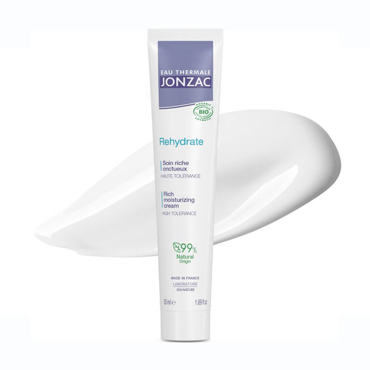 JONZAC Eau Thermale Rehydrate Organic Rich Sensitive Moisturizing Facial Cream - Intense 24hr Hydration with Shea Butter & Natural Hyaluronic Acid, Clinically Proven, All Skin Types, 1.69 Fl Oz