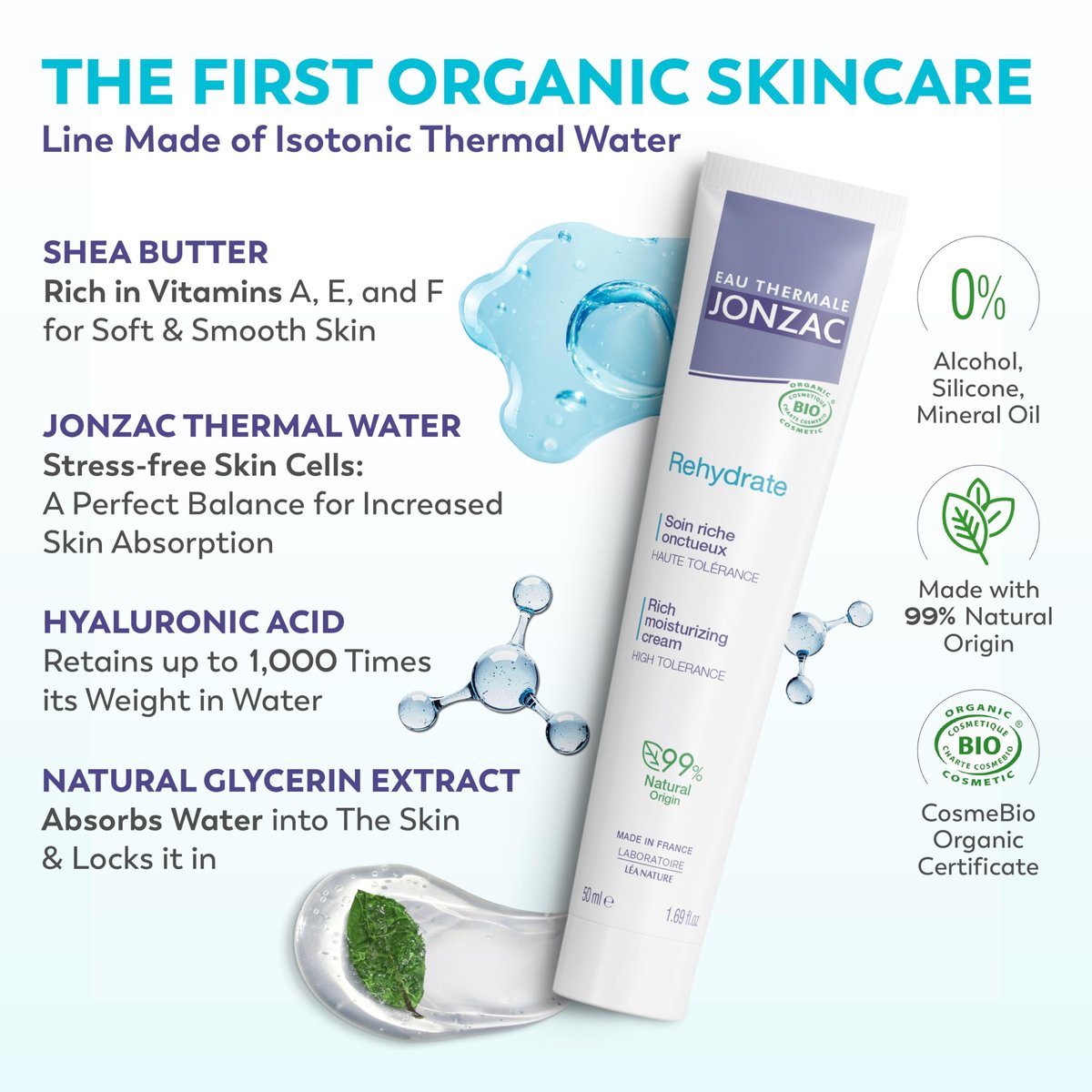 JONZAC Eau Thermale Rehydrate Organic Rich Sensitive Moisturizing Facial Cream - Intense 24hr Hydration with Shea Butter & Natural Hyaluronic Acid, Clinically Proven, All Skin Types, 1.69 Fl Oz - görsel 3
