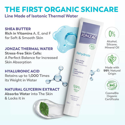 JONZAC Eau Thermale Rehydrate Organic Rich Sensitive Moisturizing Facial Cream - Intense 24hr Hydration with Shea Butter & Natural Hyaluronic Acid, Clinically Proven, All Skin Types, 1.69 Fl Oz